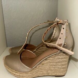 Wedge Espadrille Ankle Strap Heels in Metallic Beige